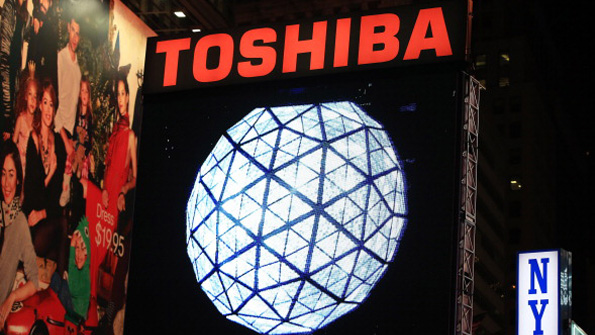 The Toshiba wordmark above a New Years Eve ball