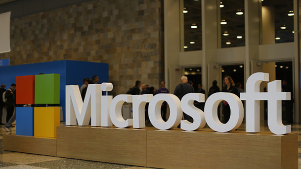 Microsoft logo and wordmark at the companys annual Build Conference