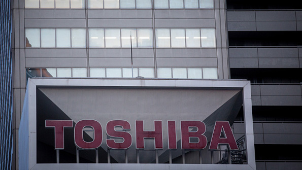 The Toshiba wordmark logo at corporate headquarters in Tokyo