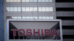The Toshiba wordmark logo at corporate headquarters in Tokyo The Toshiba wordmark logo at corporate headquarters in Tokyo