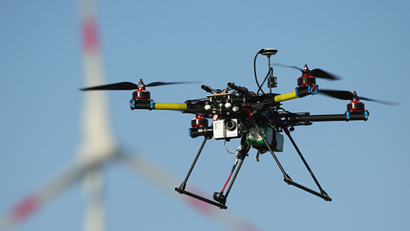 A multirotor quadcopter drone flies near Zeestow Germany