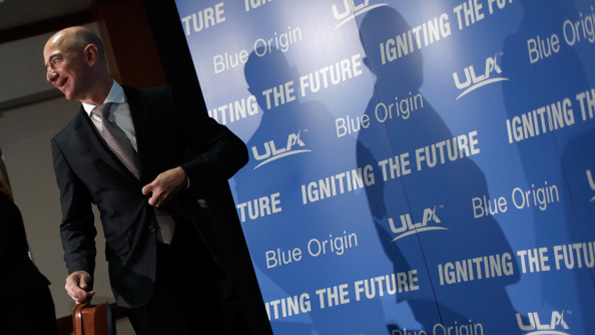 Amazoncom CEO Jeff Bezos at a 2014 Blue Origin news conference