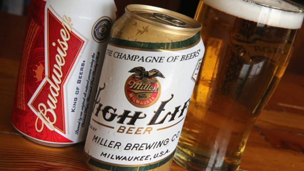 Cans of Budweiser and Miller High Life