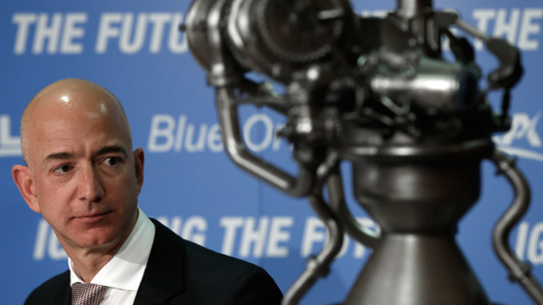 Blue Origin founder Jeff Bezos discusses the BE4 rocket engine at a news event