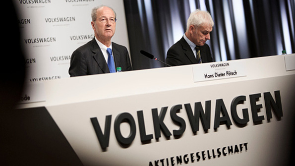 VW AG supervisory chairman Hans Dieter Poetsch and VW Group CEO Matthias Mueller