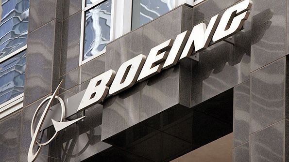 The Boeing logo and wordmark on the corporate offices in Chicago