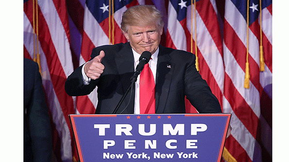 Republican presidentelect Donald Trump gives a thumbs up to the crowd during his acceptance speech at his election night event at the New York Hilton Midtown in the early morning hours of Nov 9