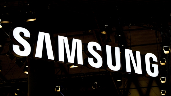The Samsung wordmark at a trade show