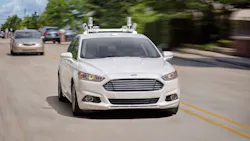 A fully autonomous Ford Fusion hybrid makes an appearance on a Michigan street A fully autonomous Ford Fusion hybrid makes an appearance on a Michigan street
