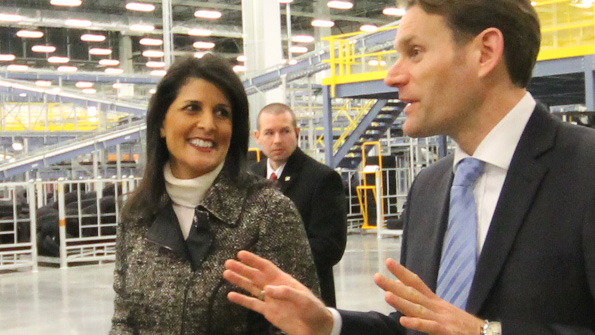 South Carolina Governor Nikki Haley and Continental Executive Board Member Nikolai Setzler tour the Continental Tire plant