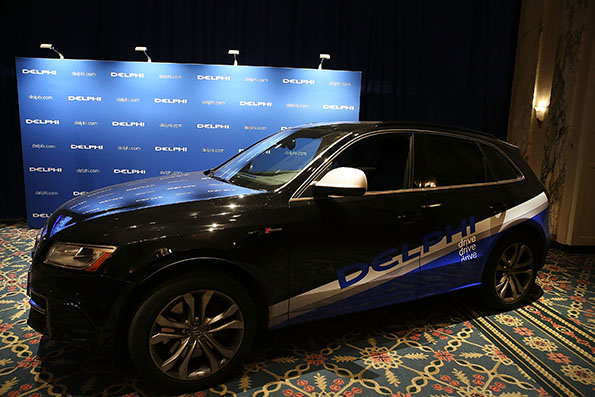 The driverless specially outfitted Audi Q5 sportutility vehicle is displayed at the Waldorf Astoria following the car39s return from a cross country trip Delphi Automotive Plc a supplier of car electronics designed the car which covered about 3500 miles from San Francisco to the New York City area The car was driverless for all but about 50 miles in a construction zone