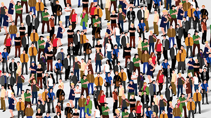 A large cluste of people talking, in the shape of a text bubble.