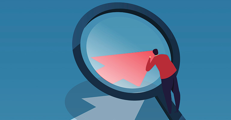 small man looking in magnifying glass