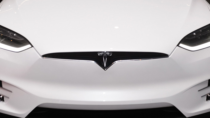 The Tesla Model X with open gull-wing doors.