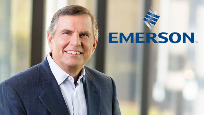 Emerson Electric CEO David Farr and the company logo and wordmark.