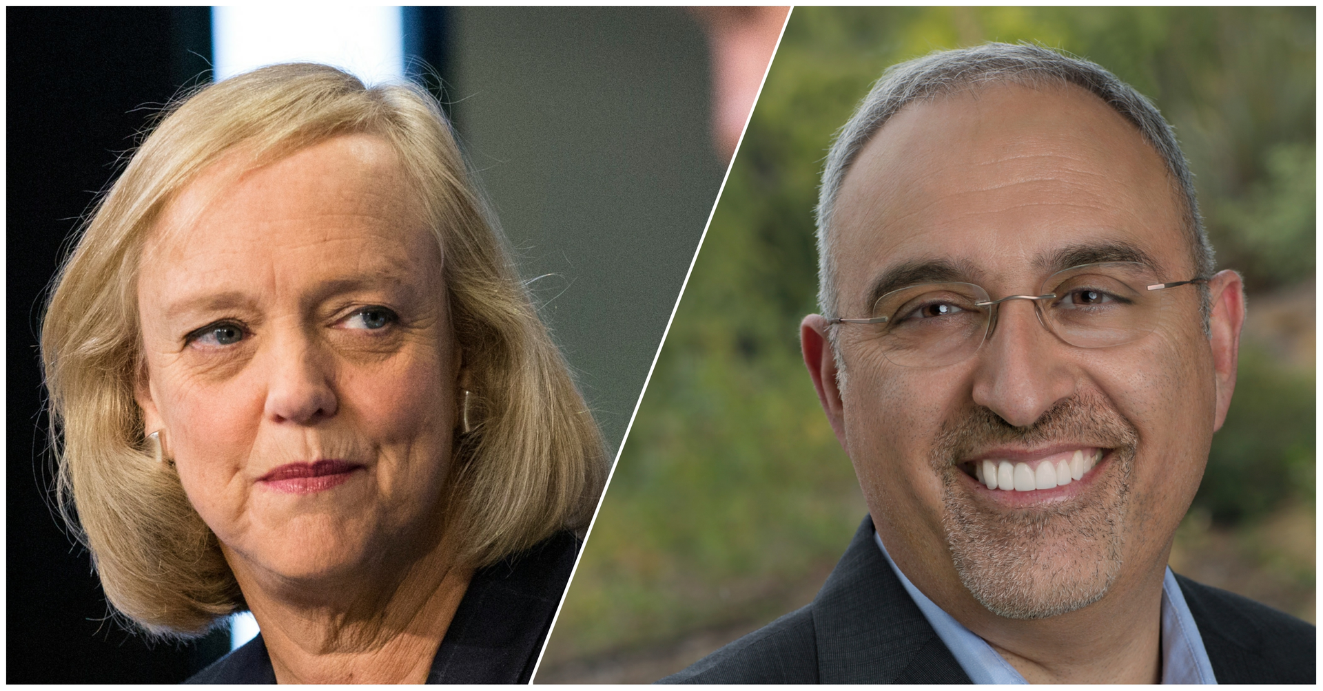 Current and future HPE CEOs Meg Whitman, left, and Antonio Neri.