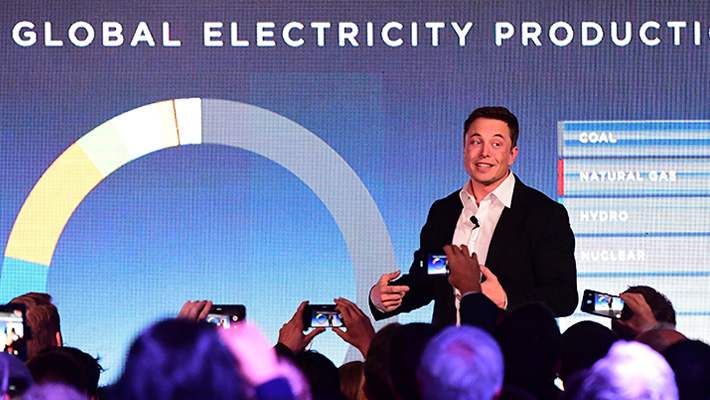 Elon Musk introduces the idea of his record-setting battery during a September press event.