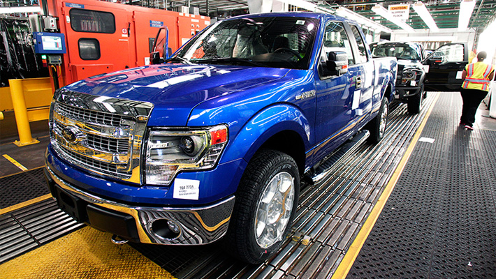 A Ford F-150 pickup truck rolls through the production line in Dearborn, Michigan.