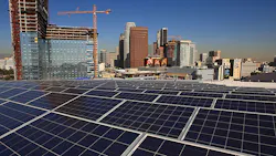 Solar panels on the roof of Staples Center in Los Angeles Solar panels on the roof of Staples Center in Los Angeles