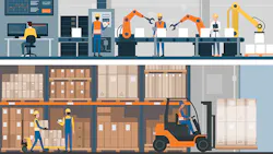 An illustration of a connected factory and warehouse. An illustration of a connected factory and warehouse.