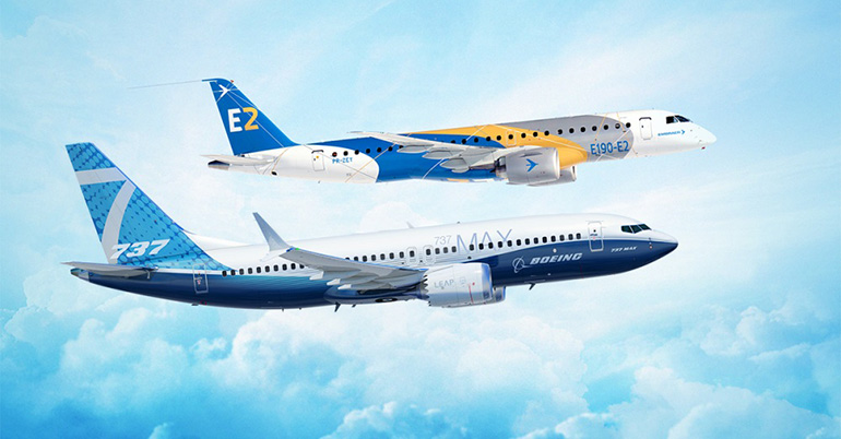Boeing and Embraer commercial planes in the air