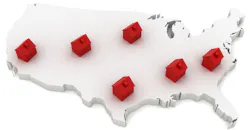 white US map with red houses on it. white US map with red houses on it.