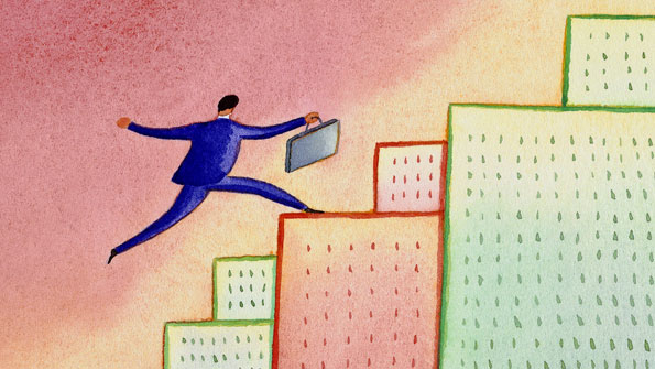 illustration guy stepping up buildings