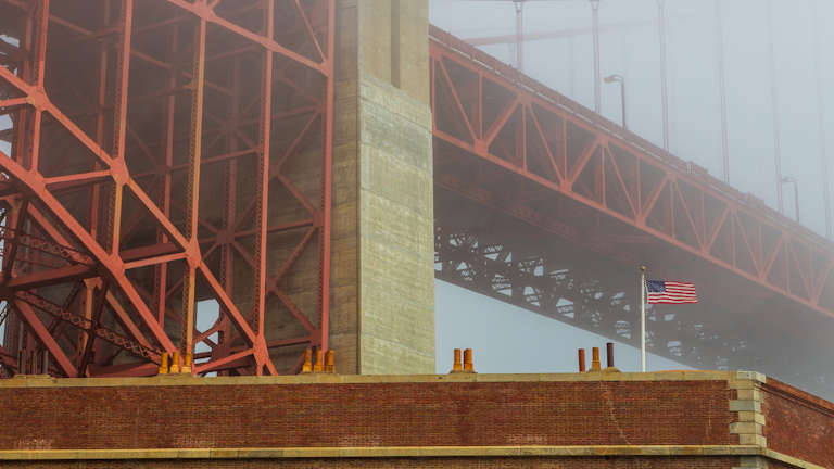 Golden Gate Bridge Fog Usa Flag Beautiful Infrastructure Industrial © Tomasz Wozniak Dreamstime