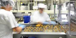 Two employees working on a praline production line in a food production factory. Two employees working on a praline production line in a food production factory.