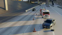 Not everyone moves over when fire or emergency vehicles answer a call., Collision-mitigation systems in development by Oshkosh help address the safety issue. Not everyone moves over when fire or emergency vehicles answer a call., Collision-mitigation systems in development by Oshkosh help address the safety issue.