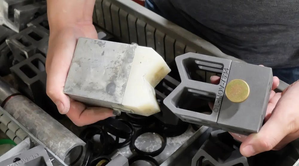 A conventional centering block for an automation line (left) and a 3D printed version (right).