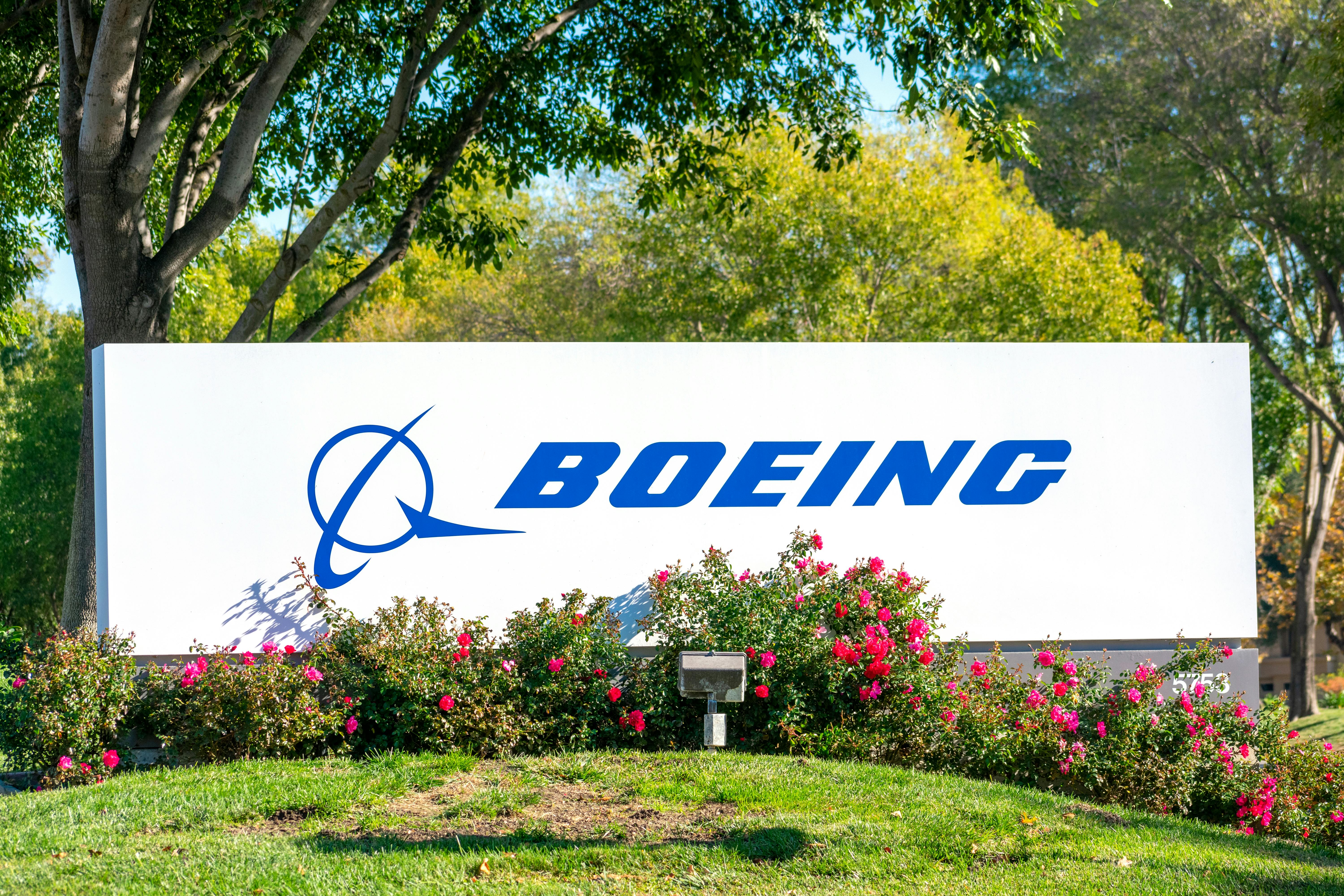Boeing logo on sign at company office.