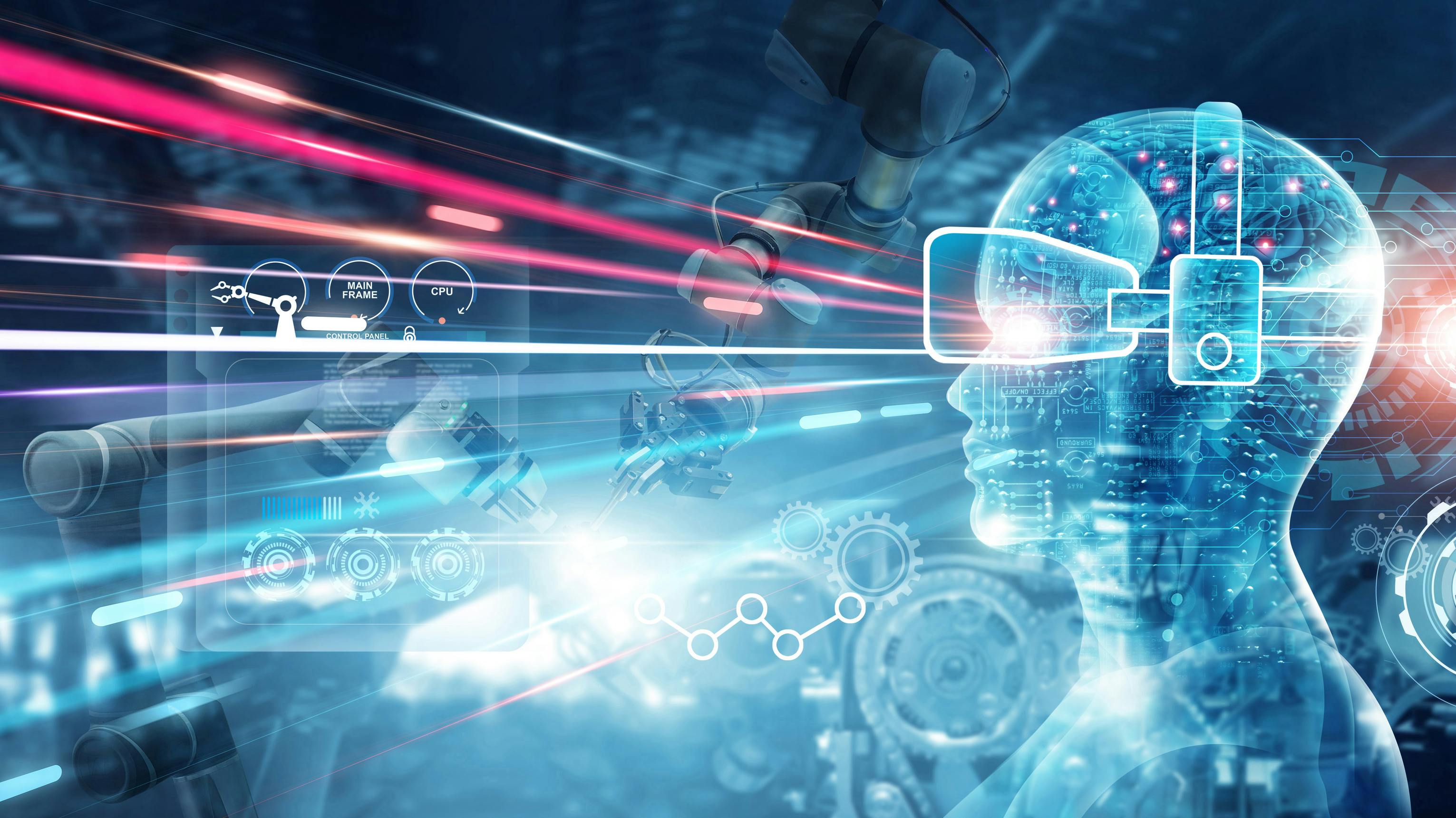 Futuristic illustration of a digital man looking at digital AI images.