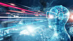 Futuristic illustration of a digital man looking at digital AI images. Futuristic illustration of a digital man looking at digital AI images.