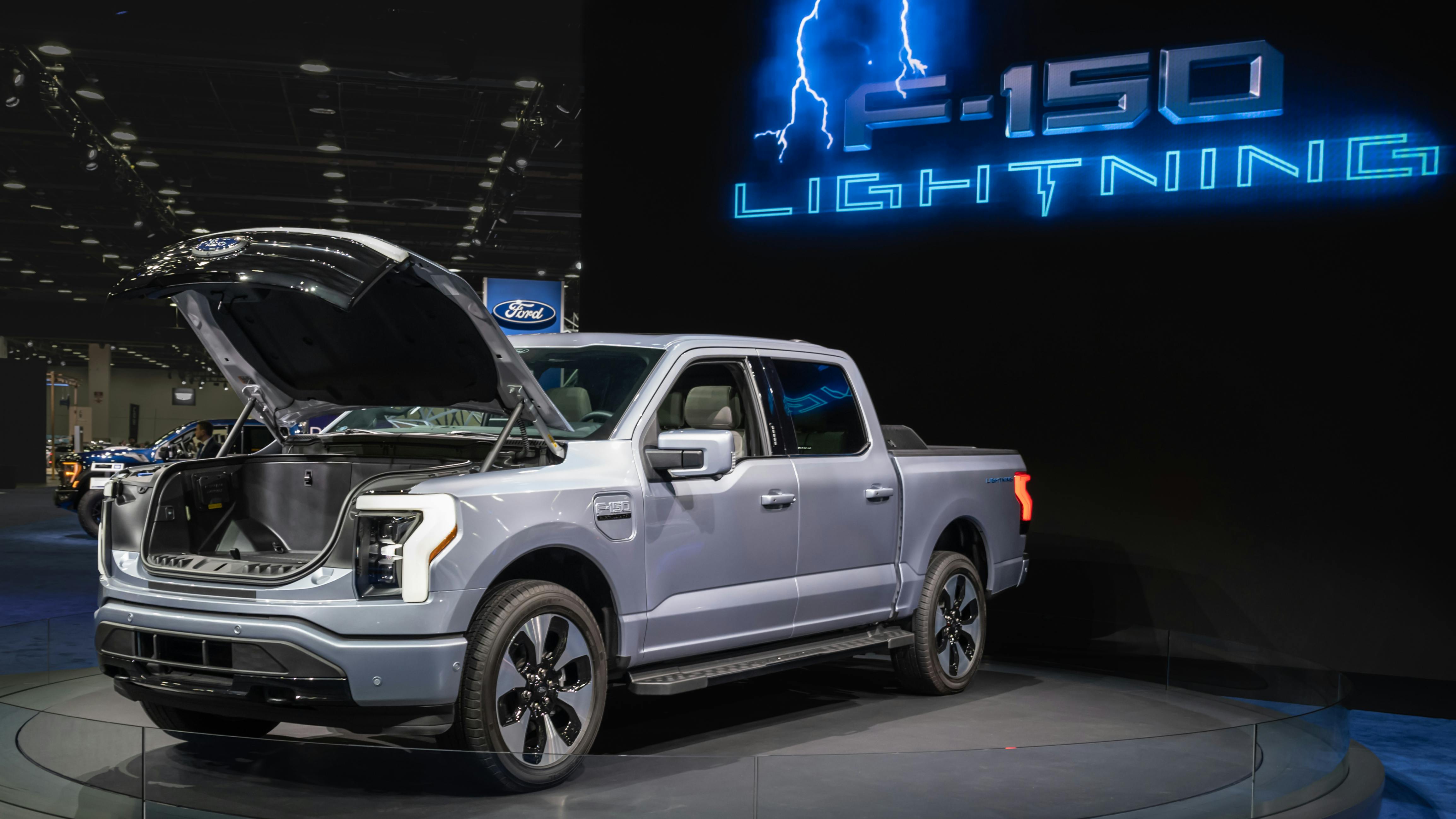 A Ford F-150 Lightning EV truck at the North American International Detroit Auto Show.