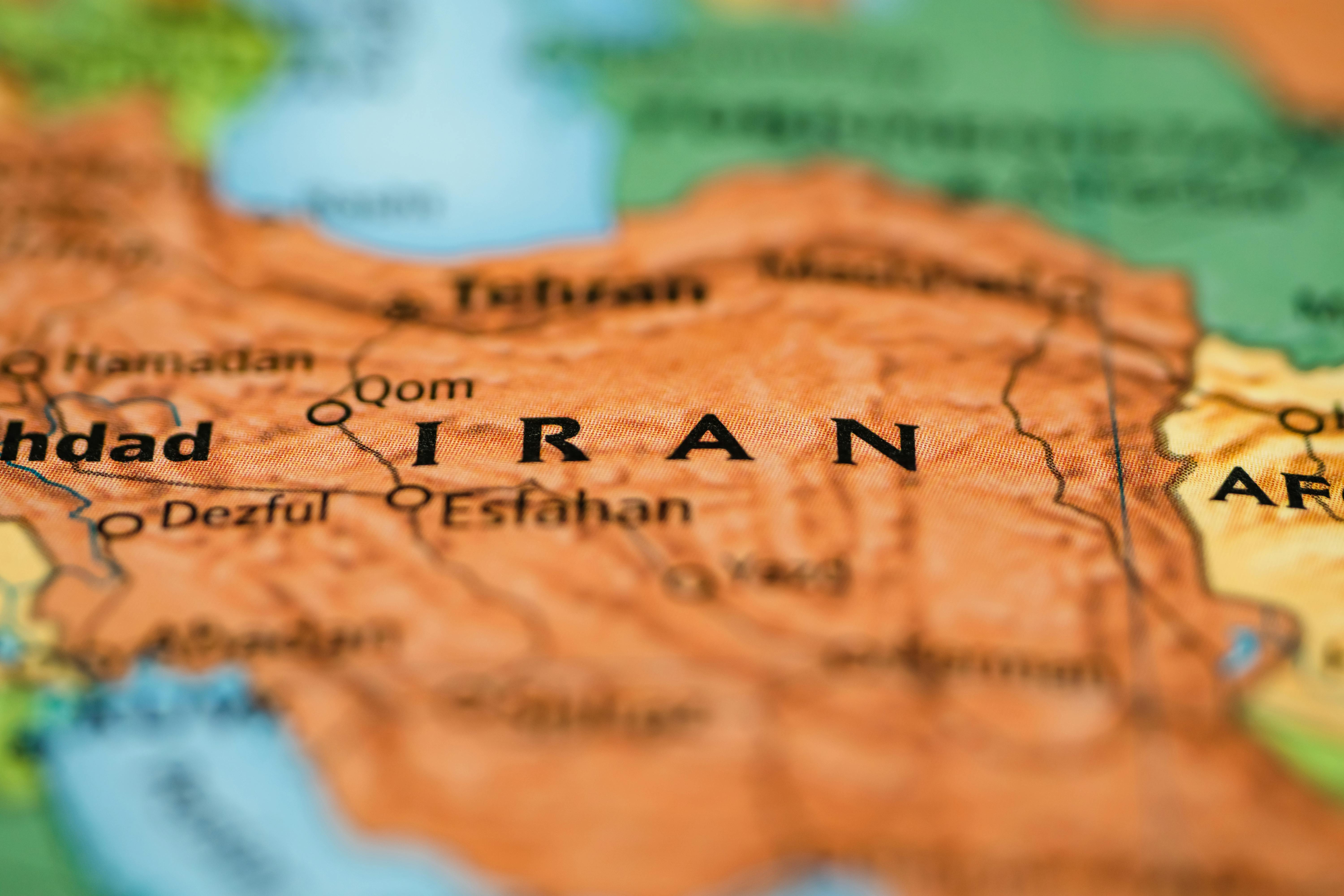 Map with selective focus on Iran.