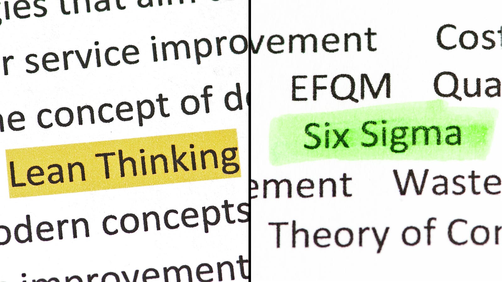 printed out words 'lean thinking' and 'six sigma'