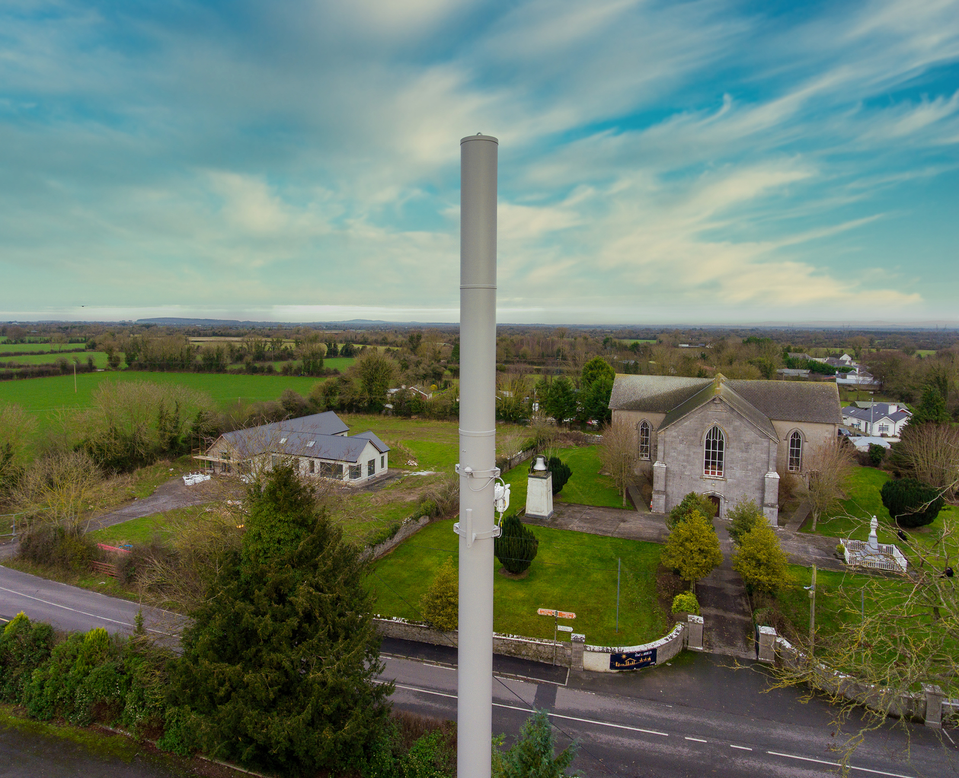 Figure 2. Pictured is a multi-band, tri-sector antenna deployed by Cellnex in the village of Vicarstown, County Laois, Ireland. (Photo source: Alpha Wireless)