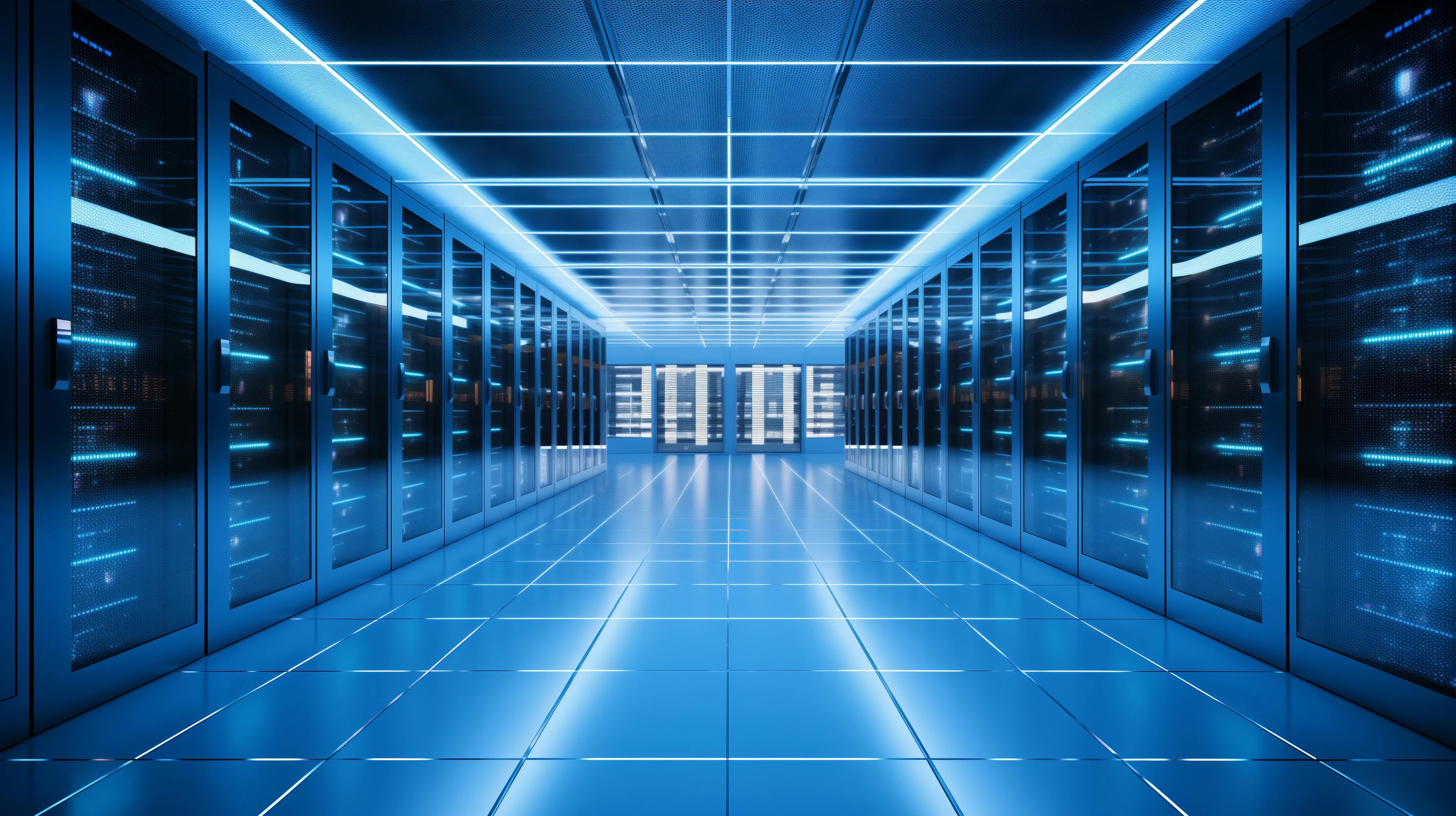 Inside a Data Center. Inner space of data center, furnished with rack servers and computers, emblematic of cutting-edge of technology in modern telecommunications AI generated