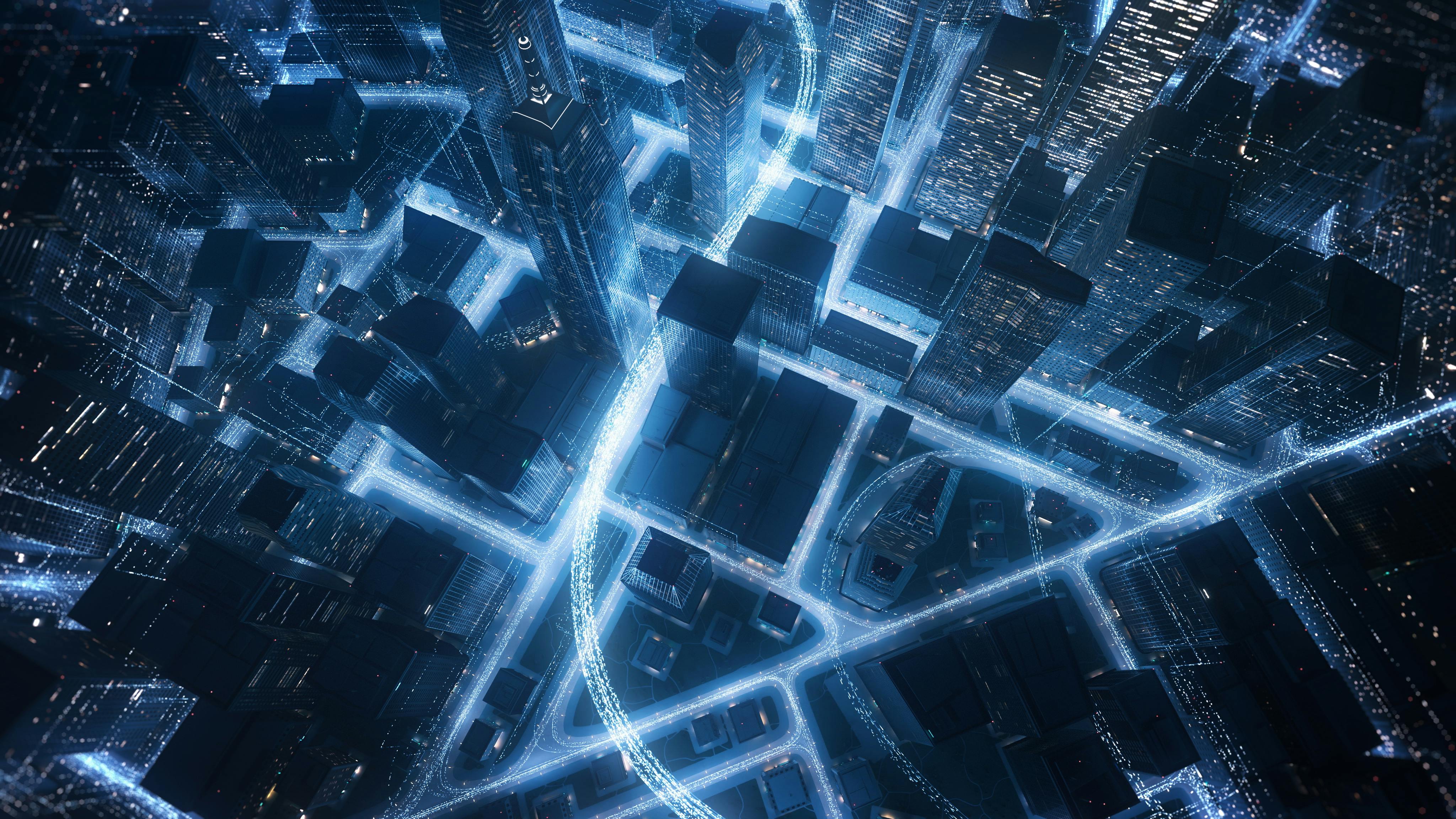 Cityscape With Glowing Data Lines