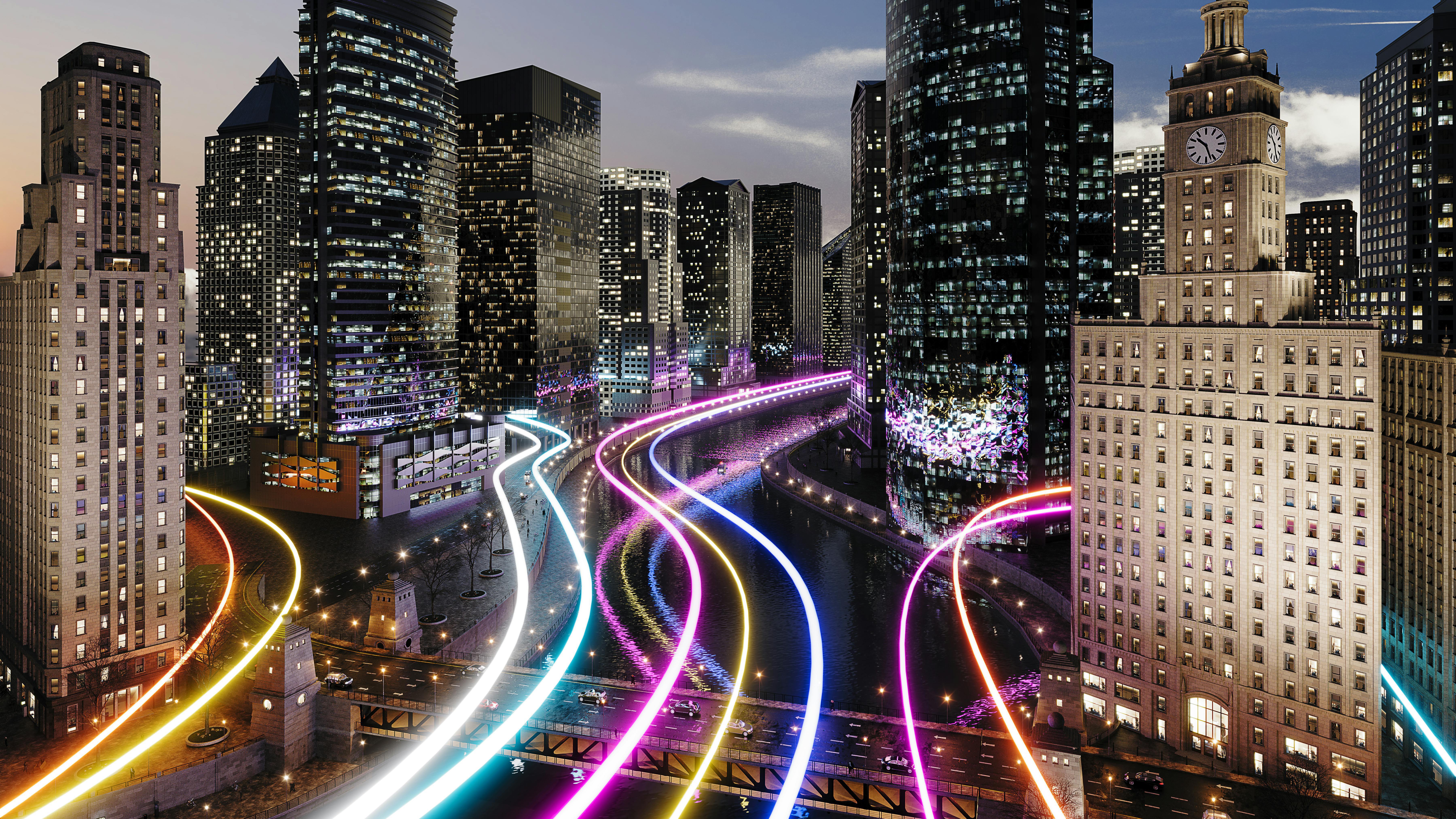 City with glowing light trails