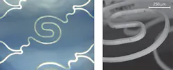 FIGURE 1. Two photos of micro-stents machined by the Spirit laser. FIGURE 1. Two photos of micro-stents machined by the Spirit laser.