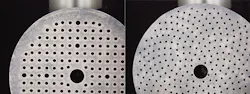 FIGURE 4. The photo on the left shows a die-cut disc after use with the inherent deformation caused by die cutting. The disc on the right shows how the laser-cut disc remains flat after use for maximum life, performance, and dust extraction. FIGURE 4. The photo on the left shows a die-cut disc after use with the inherent deformation caused by die cutting. The disc on the right shows how the laser-cut disc remains flat after use for maximum life, performance, and dust extraction.