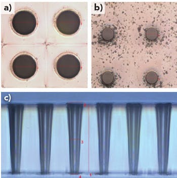 FIGURE 1. Excimer laser (193nm) vias drilled into glass: The 25&mu;m diameter entrance hole (a), the exit hole (b), and the cross-sectional view (c).