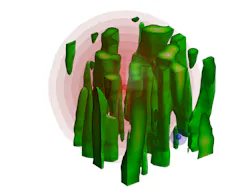 The impact of disorder on waves depends strongly on their energy in three dimensions. The high-energy red wave can freely propagate outward through the disordered green laser in the experiment, but the low-energy blue wave is trapped, or localized, by reflections from the disorder. The impact of disorder on waves depends strongly on their energy in three dimensions. The high-energy red wave can freely propagate outward through the disordered green laser in the experiment, but the low-energy blue wave is trapped, or localized, by reflections from the disorder.