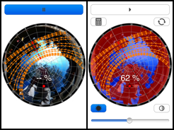 An iPhone camera pointing down at a convex mirror captures a whole-sky image; software overlays the sun's path (left). The app identifies sky and non-sky areas, then does a shading analysis of the site (right).