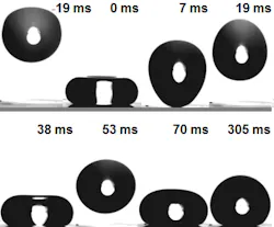 A drop of the low-viscosity oil hexadecane bounces up off the repellant surface before coming to rest on it as an almost perfect sphere. A drop of the low-viscosity oil hexadecane bounces up off the repellant surface before coming to rest on it as an almost perfect sphere.