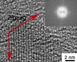 This transmission electron microscope image shows a graphene quantum dot with zigzag edges. This transmission electron microscope image shows a graphene quantum dot with zigzag edges.
