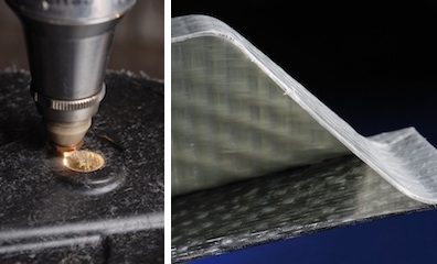 A laser cuts FRP (left). A glass-fiber-reinforced plastic component after laser cutting and welding (right).