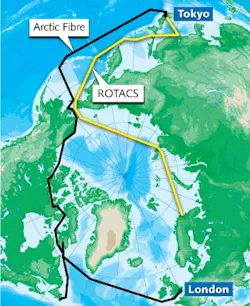 Submarine cables from Tokyo to London are planned for two distinct routes through the Arctic Ocean. The Polarnet Project plans to lay the ROTACS cable through the Russian region of the Arctic (yellow line). Arctic Fibre has chosen a route along the Northwest Passage through the Canadian Arctic (black line); Arctic Link will follow a similar route. Construction is slated to begin this year on ROTACS and Arctic Fibre. Submarine cables from Tokyo to London are planned for two distinct routes through the Arctic Ocean. The Polarnet Project plans to lay the ROTACS cable through the Russian region of the Arctic (yellow line). Arctic Fibre has chosen a route along the Northwest Passage through the Canadian Arctic (black line); Arctic Link will follow a similar route. Construction is slated to begin this year on ROTACS and Arctic Fibre.